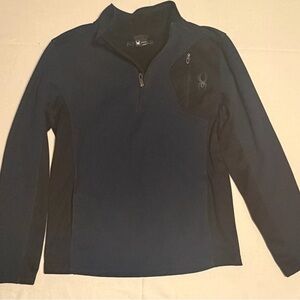 Spyder Mens Quarter Zip Fleece Pullover Navy Blue Black Chest Pocket Size Medium